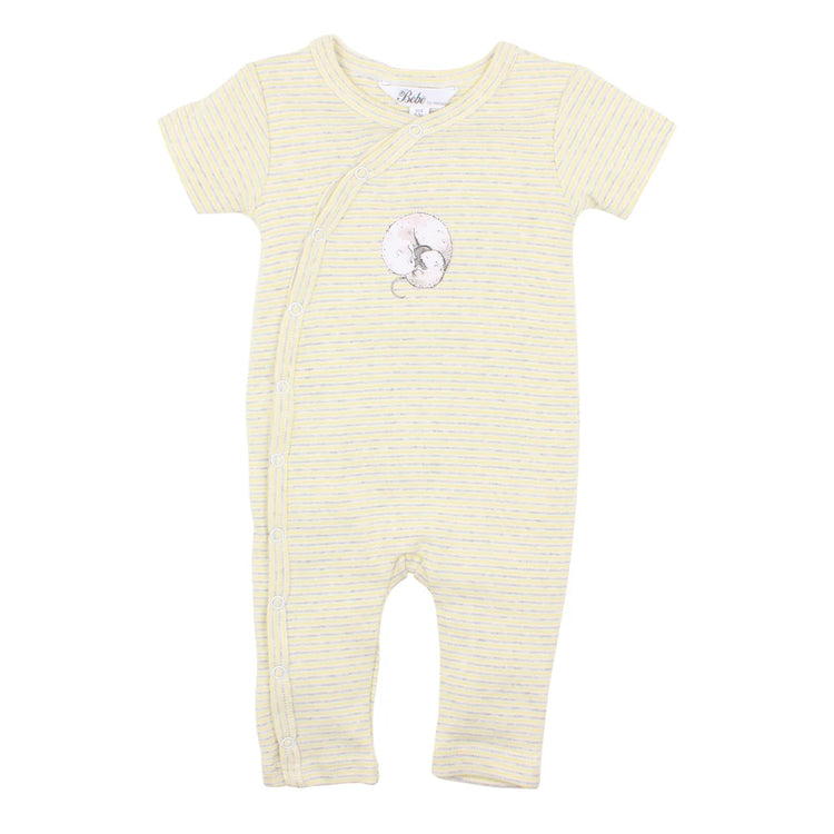 BEBE UNISEX MOCK WRAP ROMPER IN LEMON STRIPE(00000 Premature)