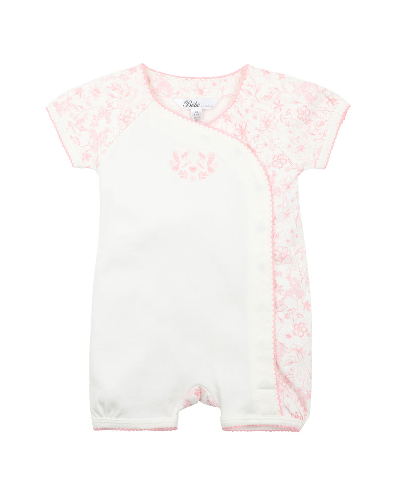 BEBE  EVIE TOILE PRINT SS WRAP ROMPER