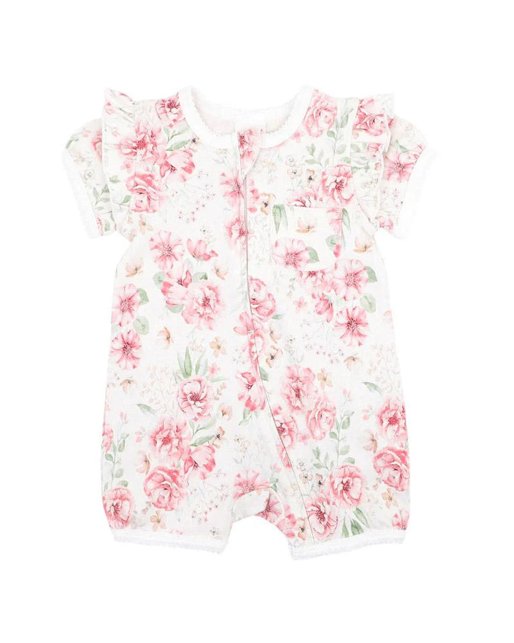 BEBE EVIE PRINT SS ZIP ROMPER