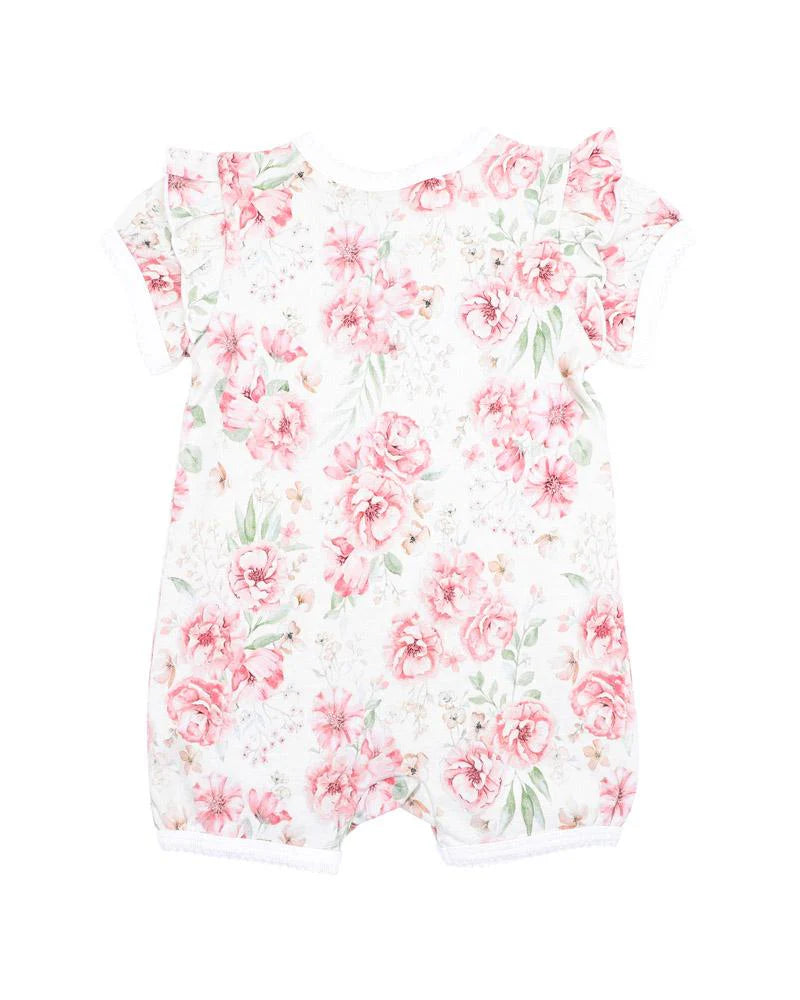 BEBE EVIE PRINT SS ZIP  ROMPER