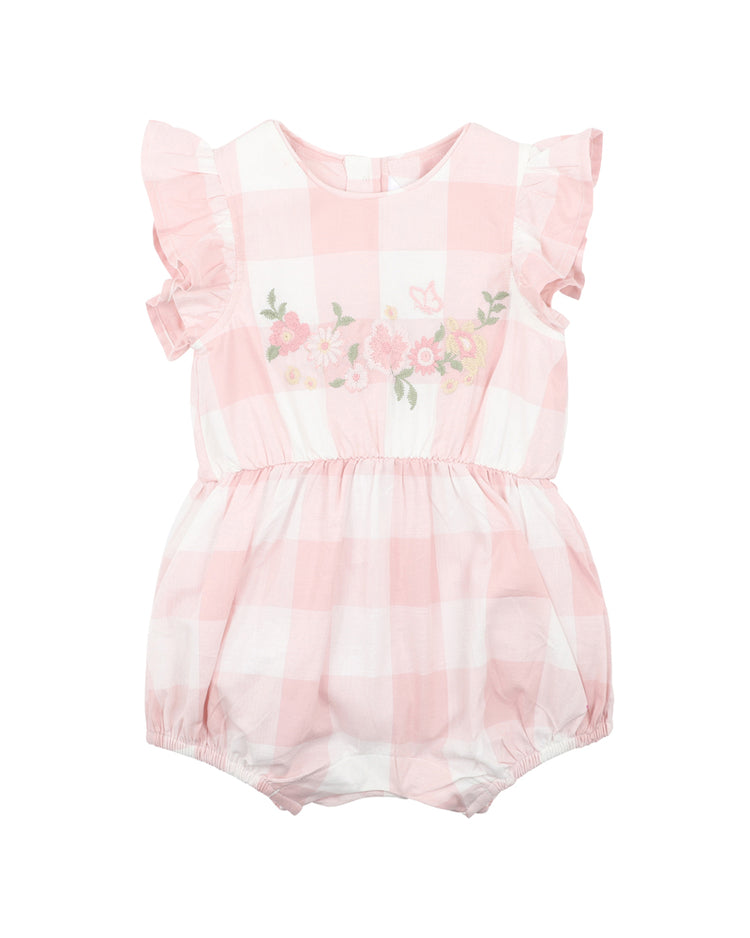 BEBE LARA EMBROIDERED  CHECK ROMPER