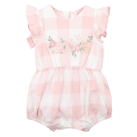 BEBE LARA EMBROIDERED  CHECK ROMPER