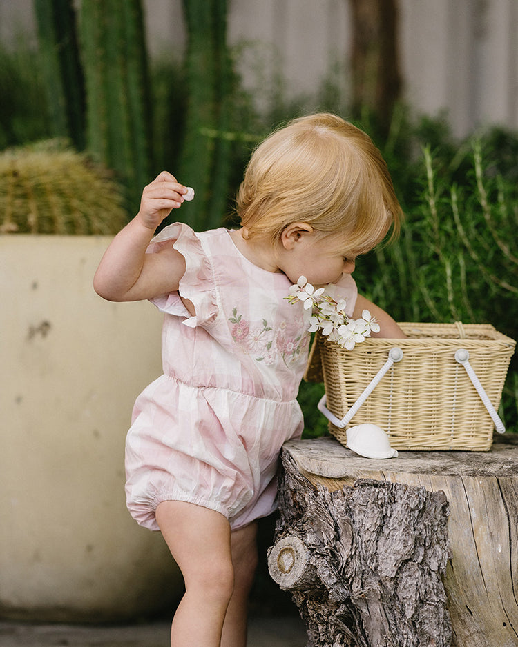 BEBE LARA EMBROIDERED  CHECK ROMPER