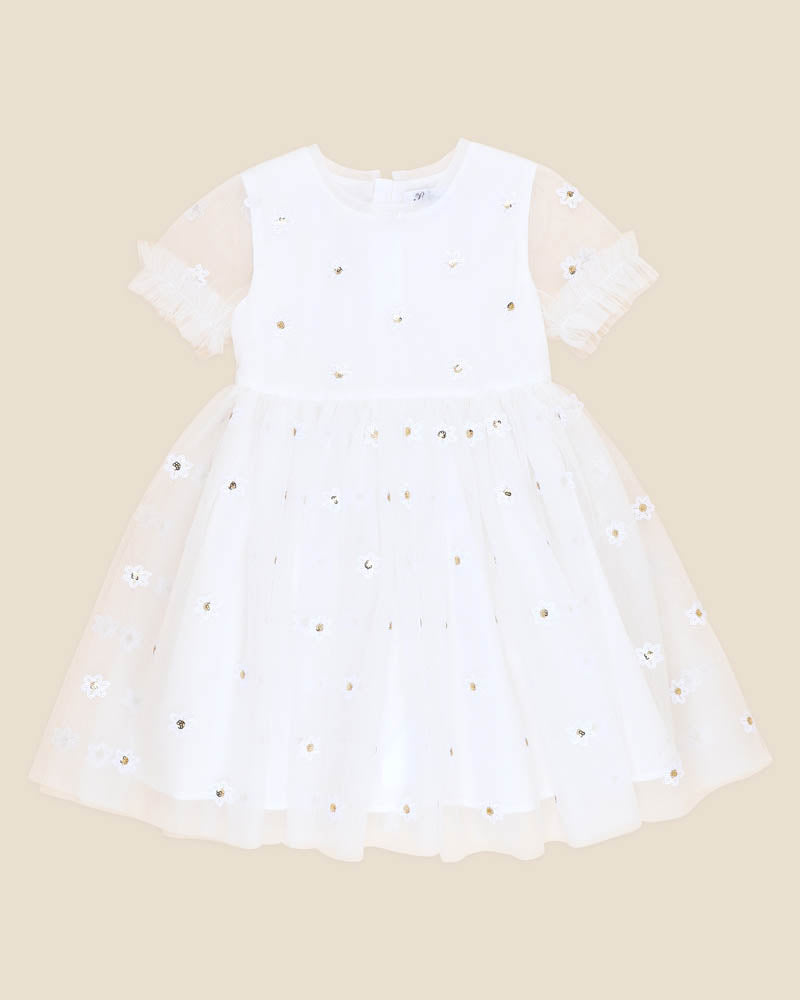 BEBE FESTIVE WHITE SEQUIN DAISY DRESS