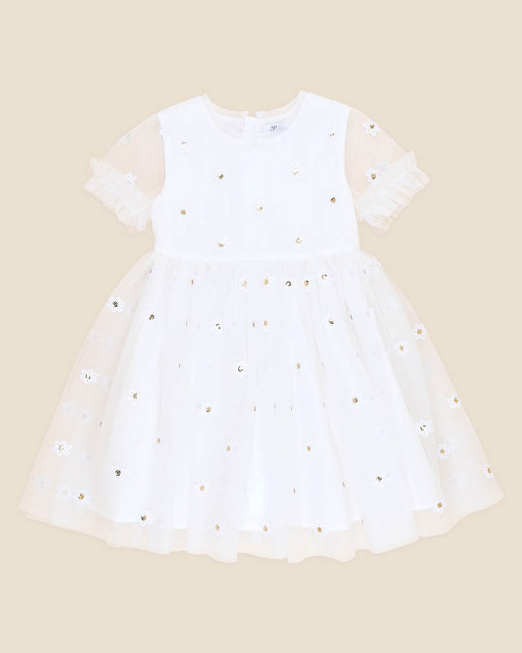 BEBE FESTIVE WHITE SEQUIN DAISY DRESS