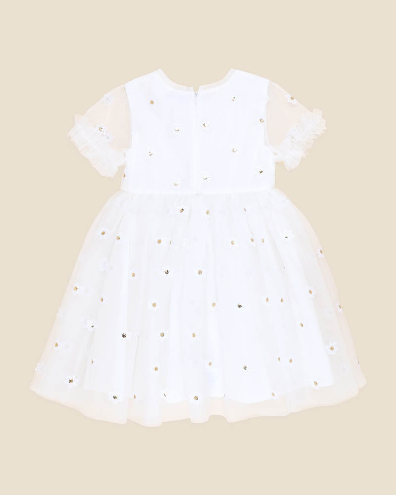 BEBE FESTIVE WHITE SEQUIN DAISY DRESS