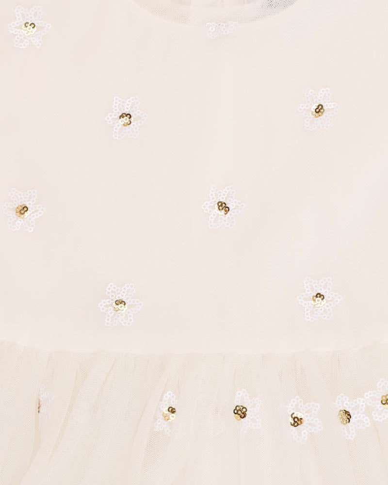 BEBE FESTIVE WHITE SEQUIN DAISY DRESS