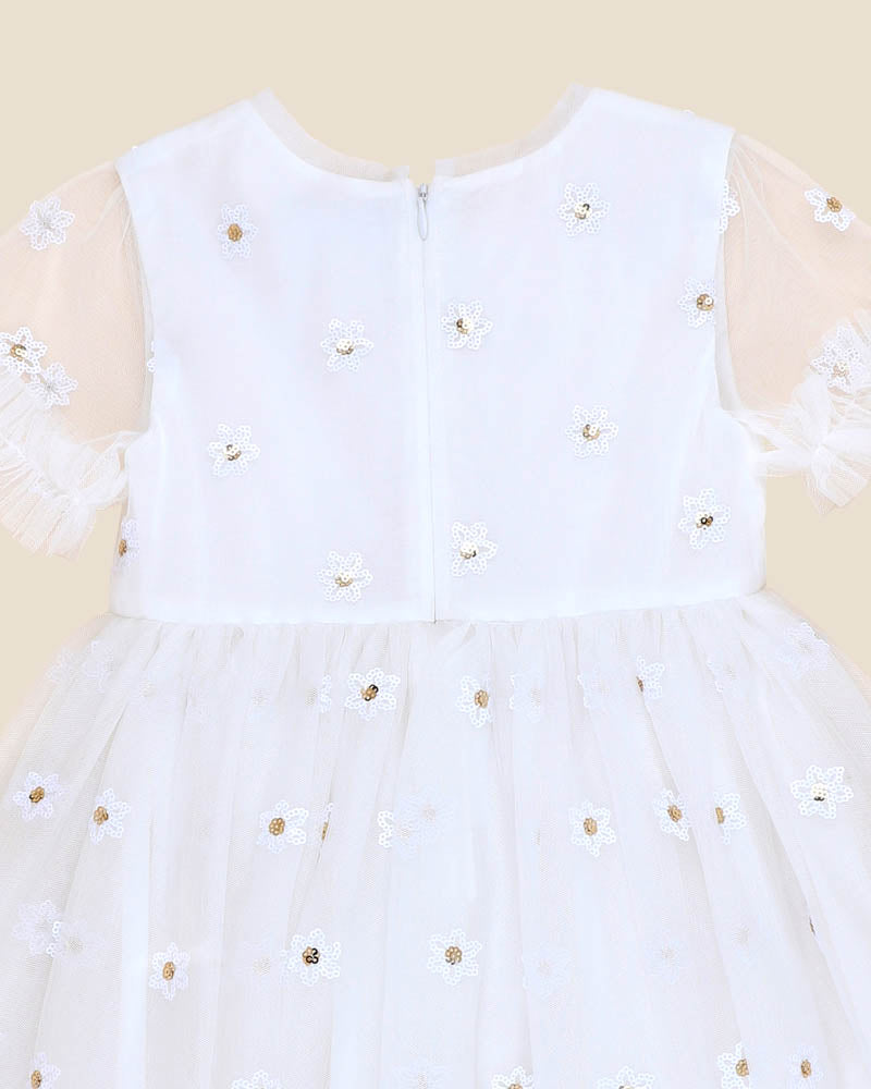 BEBE FESTIVE WHITE SEQUIN DAISY DRESS
