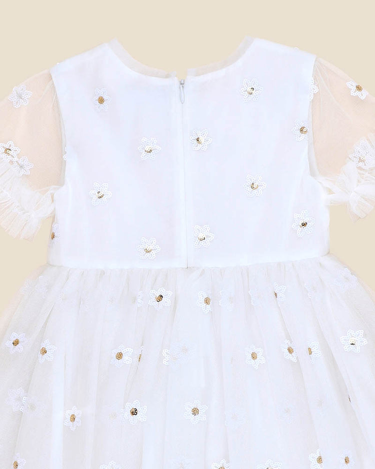 BEBE FESTIVE WHITE SEQUIN DAISY DRESS