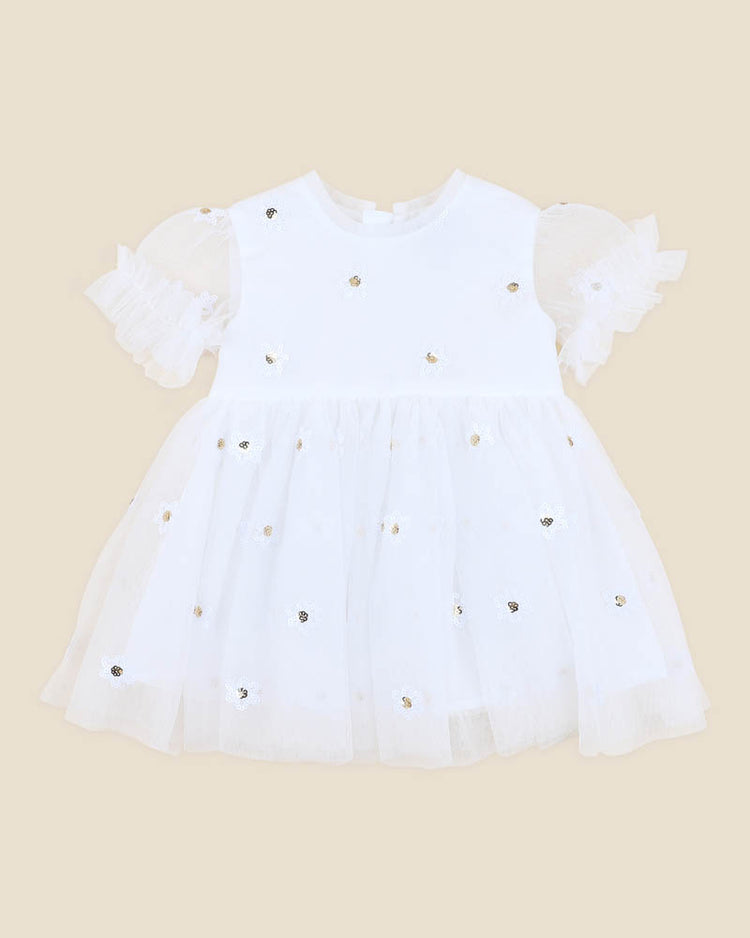 BEBE FESTIVE WHITE SEQUIN DAISY DRESS