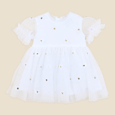 BEBE FESTIVE WHITE SEQUIN DAISY DRESS