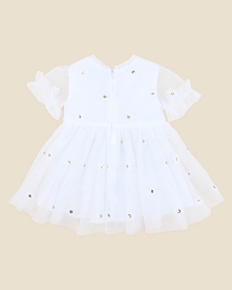 BEBE FESTIVE WHITE SEQUIN DAISY DRESS