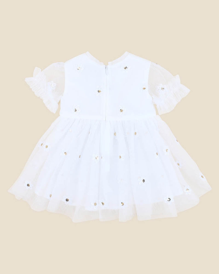 BEBE FESTIVE WHITE SEQUIN DAISY DRESS