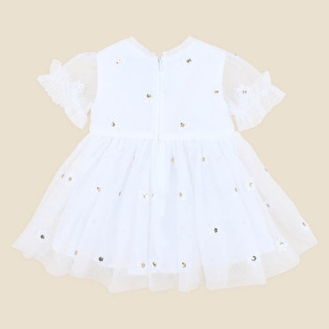 BEBE FESTIVE WHITE SEQUIN DAISY DRESS