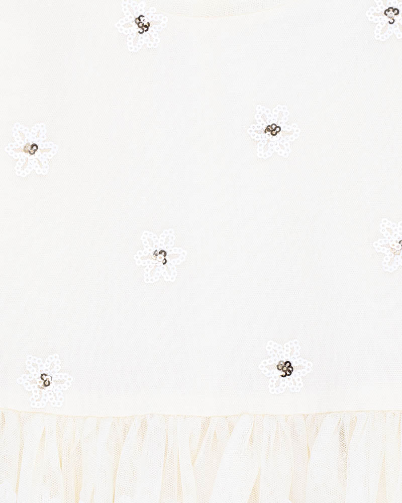 BEBE FESTIVE WHITE SEQUIN DAISY DRESS