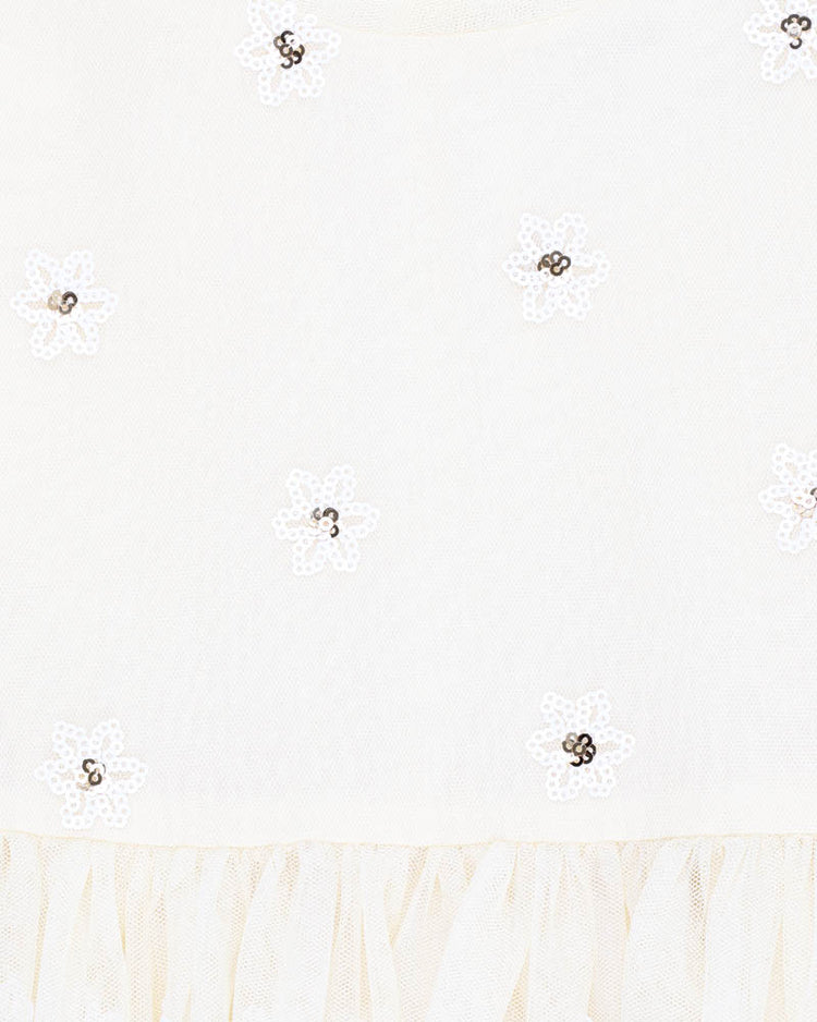 BEBE FESTIVE WHITE SEQUIN DAISY DRESS