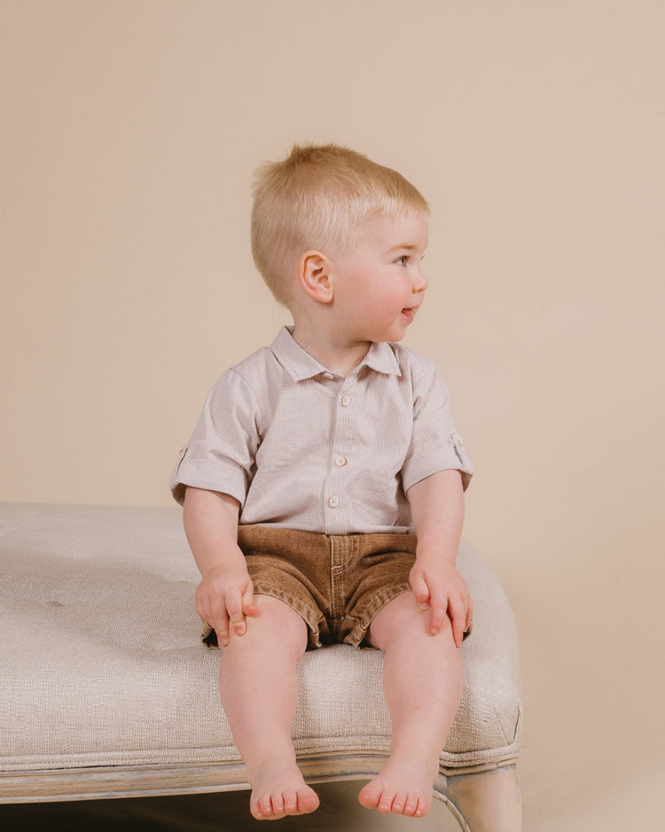 BEBE FINLEY CHECK SHIRT BODYSUIT and Brown Denim Shorts Set With Free Rattle Special Combo