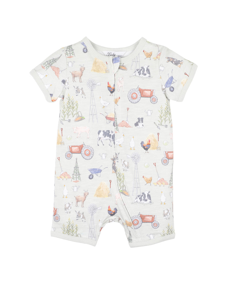 BEBE CHESTER PRINT SS ZIP ROMPER