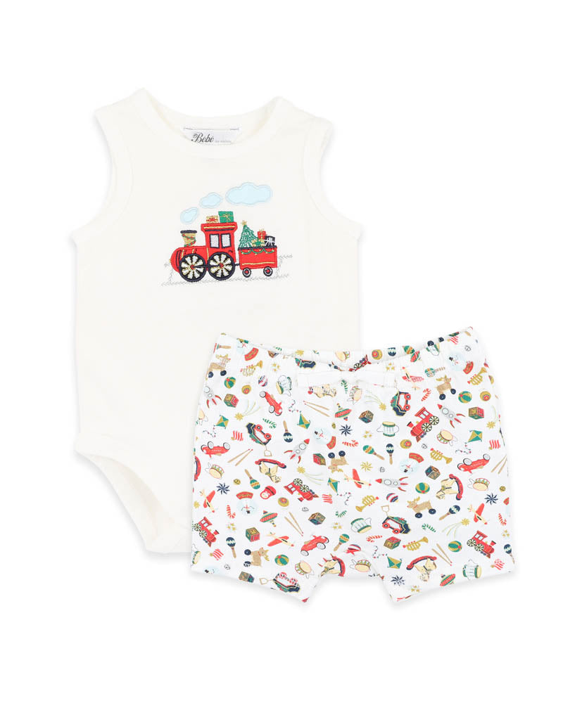 BEBE FESTIVE TRAIN SINGLETSUIT & SHORTS SET