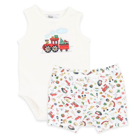 BEBE FESTIVE TRAIN SINGLETSUIT & SHORTS SET