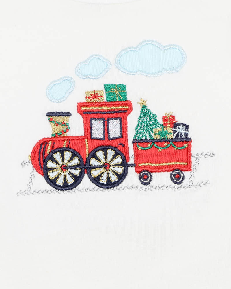 BEBE FESTIVE TRAIN SINGLETSUIT & SHORTS SET
