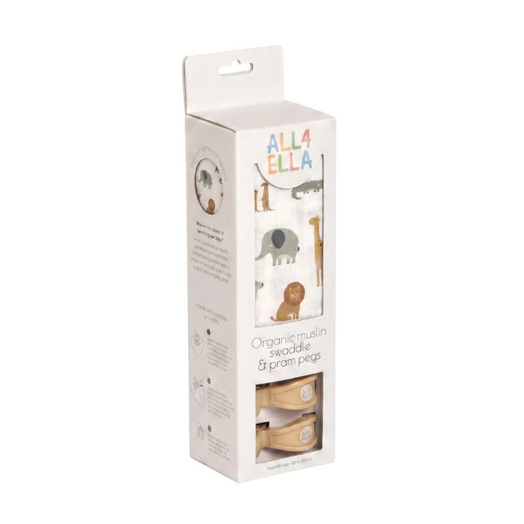 ALL4ELLA Wild Animals Organic Swaddle & Pram Pegs Gift Set