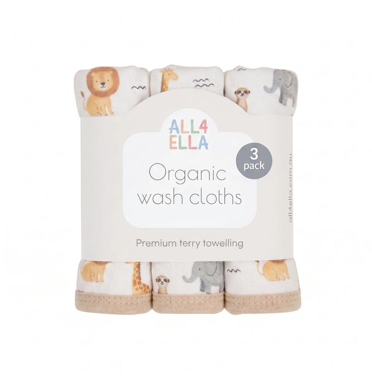 ALL4ELLA Wild Animals Organic Wash Cloths 3pk