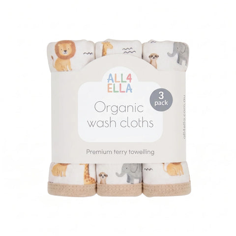 ALL4ELLA Wild Animals Organic Wash Cloths 3pk
