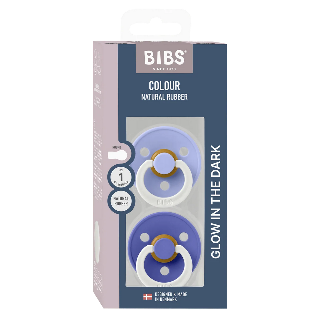 BIBS Dummies Hush/Grape GLOW Round, Latex (2pk)- Size1