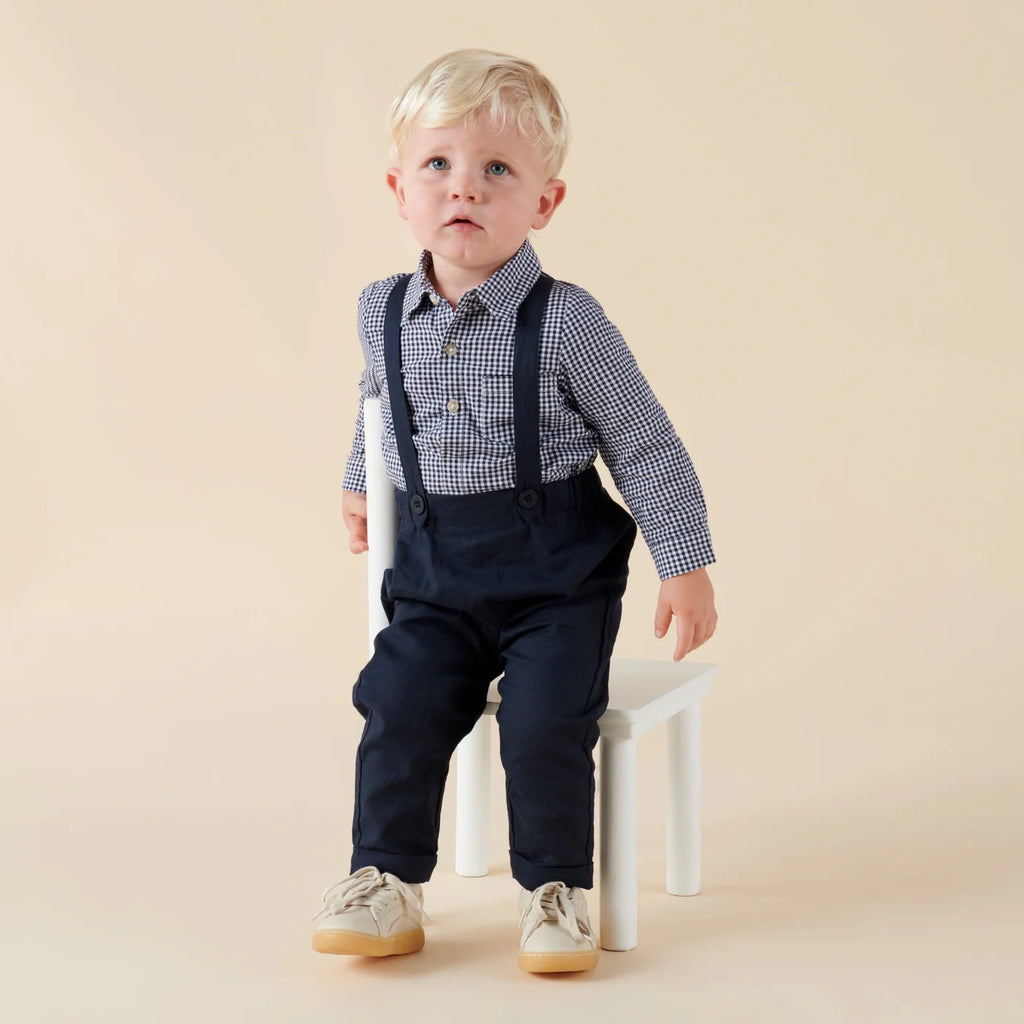 Desinger Kidz Finley Linen Suspender Pants - Navy
