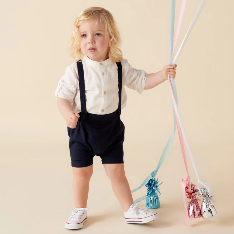 Desinger Kidz Finley Linen Suspender Shorts - Navy
