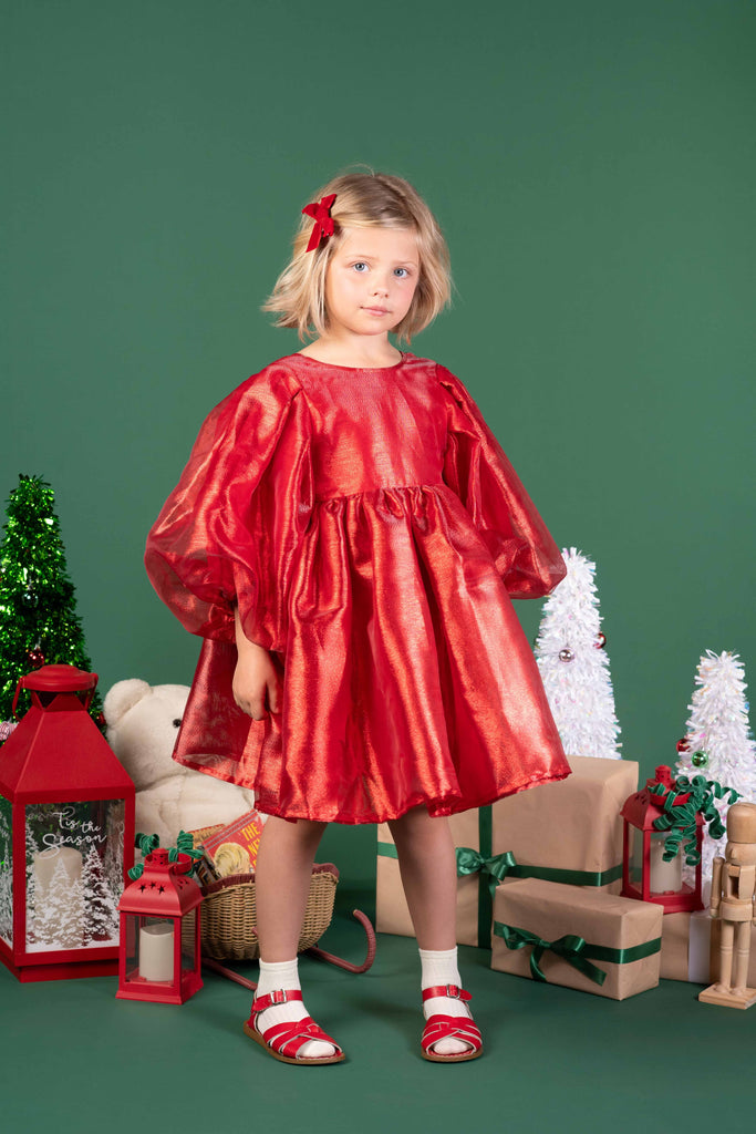 Rock Your Kid Red Metallic Puff Sleeve Dress