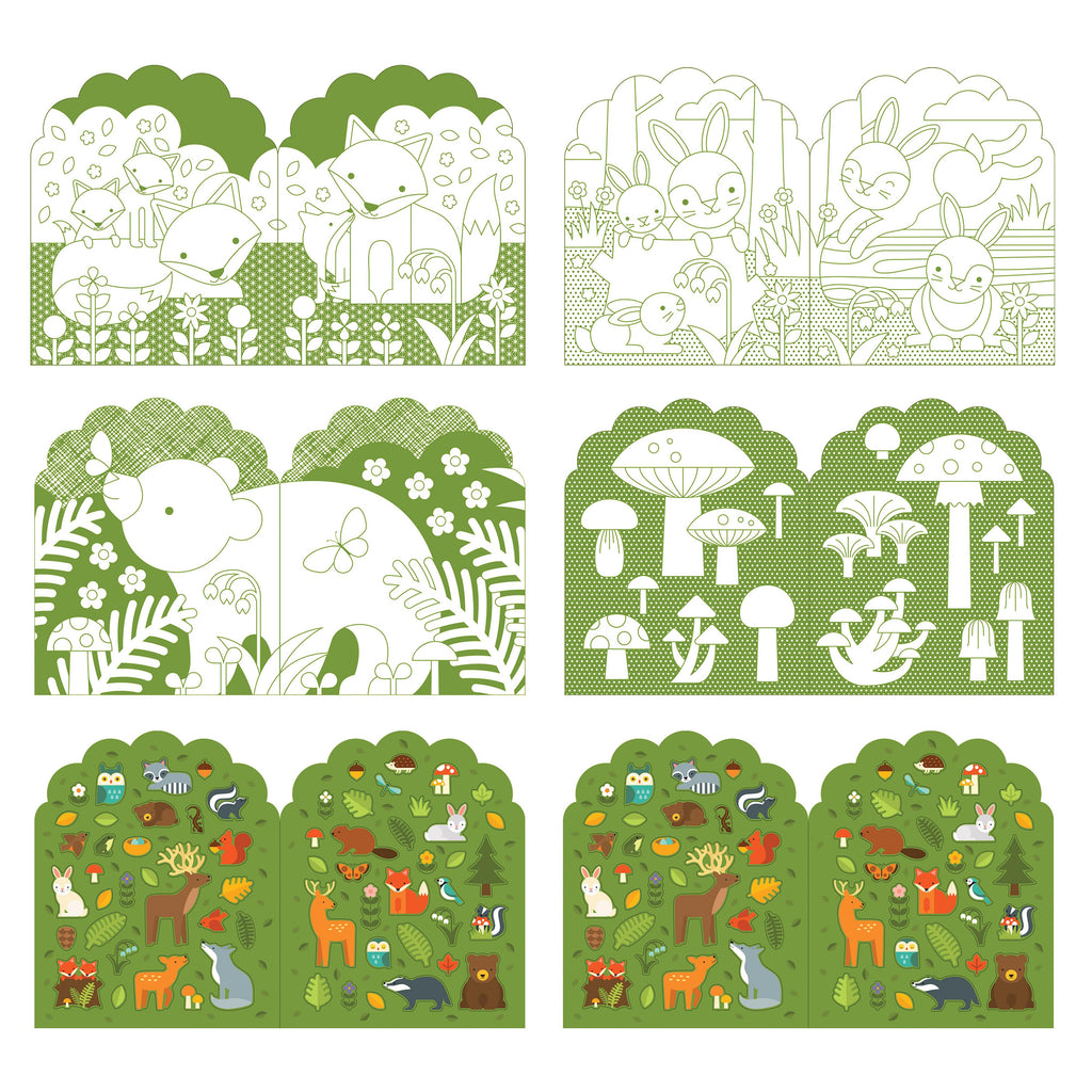 Petit Collage Colouring Book with Sticker-Woodland Animals Green