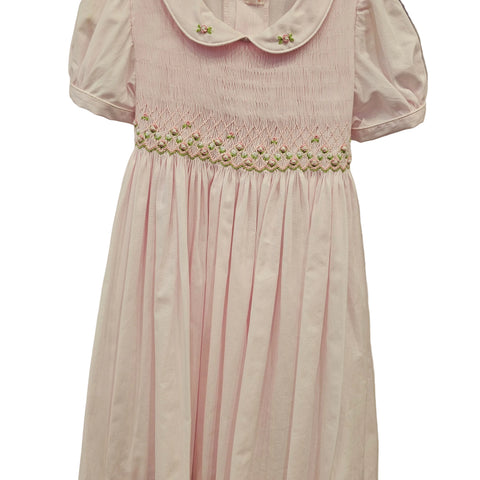 Meleze Hand Smocked Dress Short Sleeves - Light Pink with Rose Embroidery