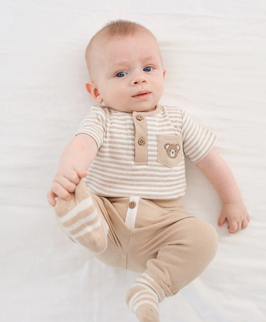 Lummi in Colour Organic Cotton Short Sleeve Bodysuit - Bear & Oat Stripes