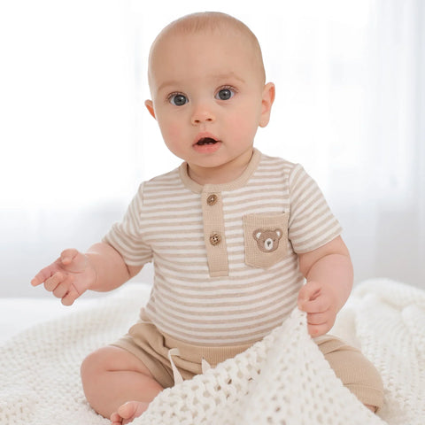 Lummi in Colour Organic Cotton Short Sleeve Bodysuit - Bear & Oat Stripes