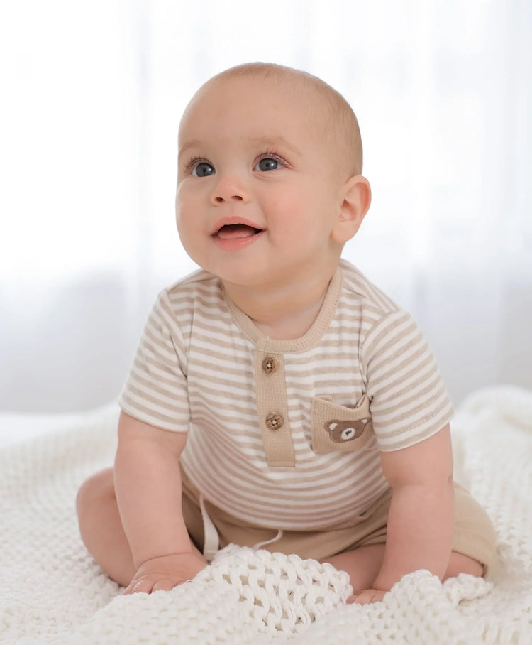 Lummi in Colour Organic Cotton Short Sleeve Bodysuit - Bear & Oat Stripes