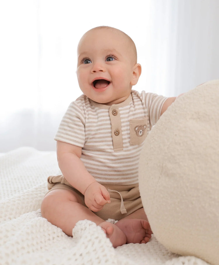 Lummi in Colour Organic Cotton Short Sleeve Bodysuit - Bear & Oat Stripes