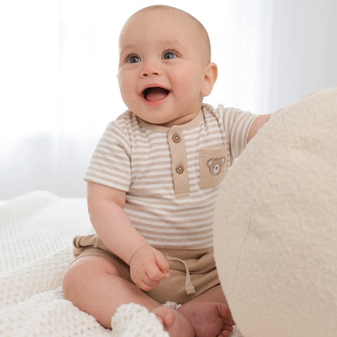 Lummi in Colour Organic Cotton Short Sleeve Bodysuit - Bear & Oat Stripes