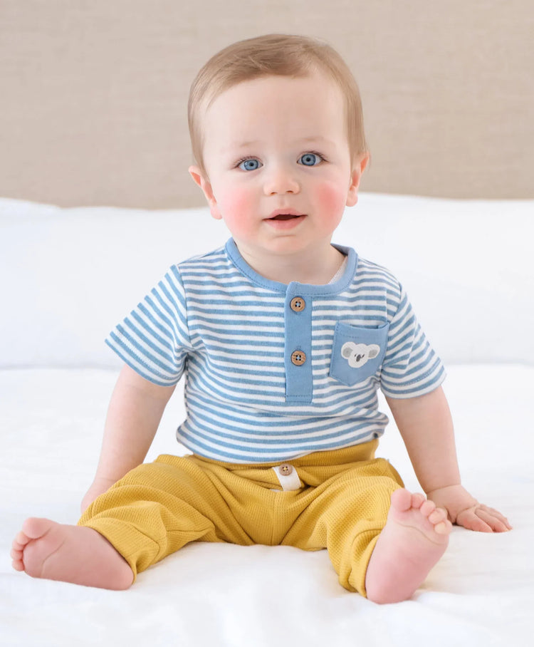 Lummi in Colour Organic Cotton Short Sleeve Bodysuit - Koala & Blue Stripes