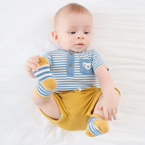 Lummi in Colour Organic Cotton Short Sleeve Bodysuit - Koala & Blue Stripes