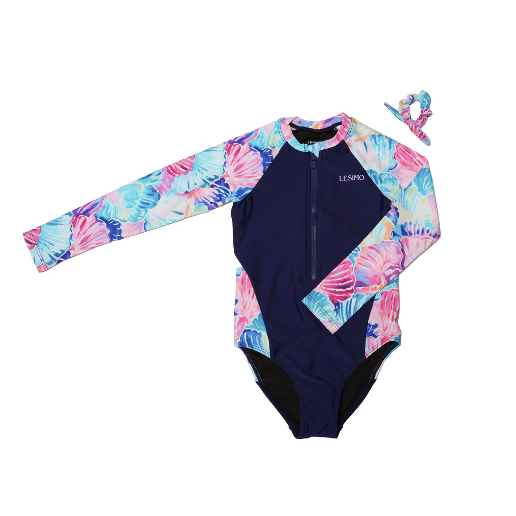 Lesimo Teen Girls Long Sleeves One Piece Rashguard - Seashell Treasures